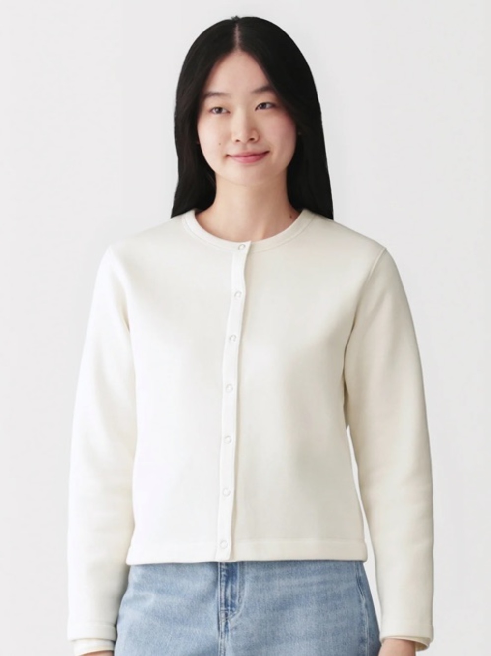 MUJI Classic Crewneck Button-Front Sweatshirt Cardigan in Cream SZ Medium